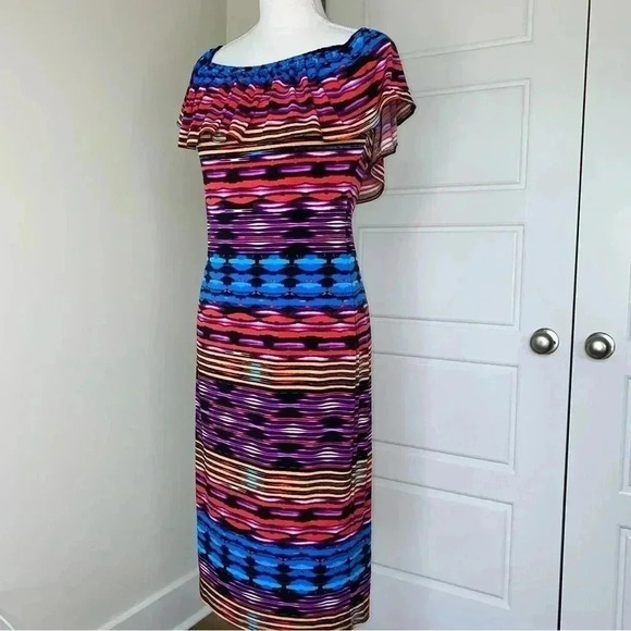 Maggy London Size 4 slimming Dress Ruffles Blue Purple Yellow Magenta Colors - Picture 5 of 10